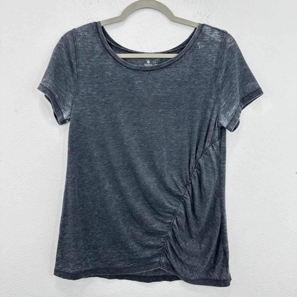 Susina Women's Short Sleeve Shirt Gray Burn Out‎ Ruched Casual Athleisure Lounge